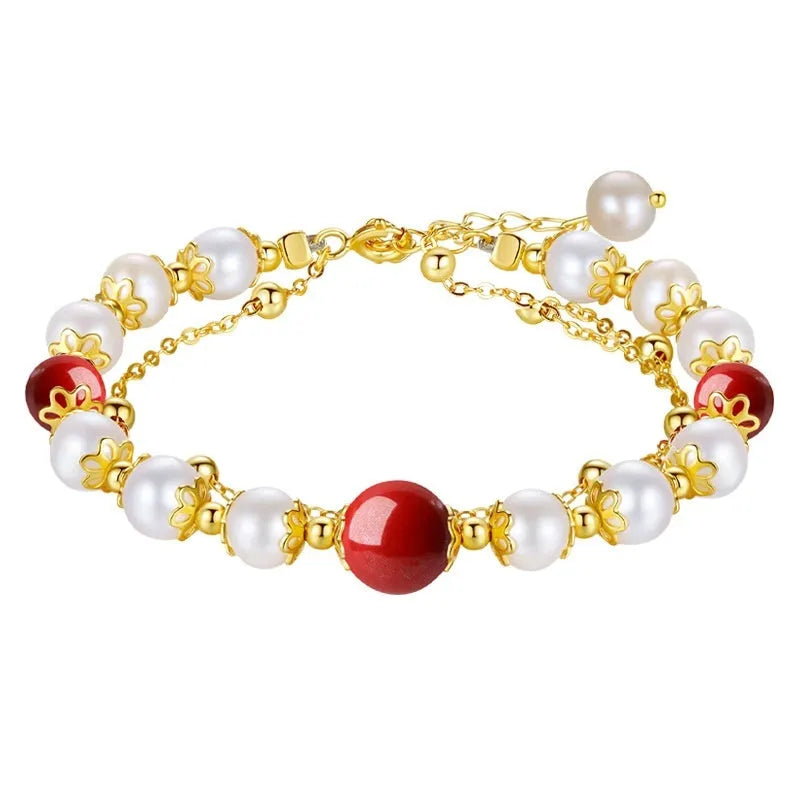 Sterling silver double-layer bracelet with freshwater pearls and red bean charms