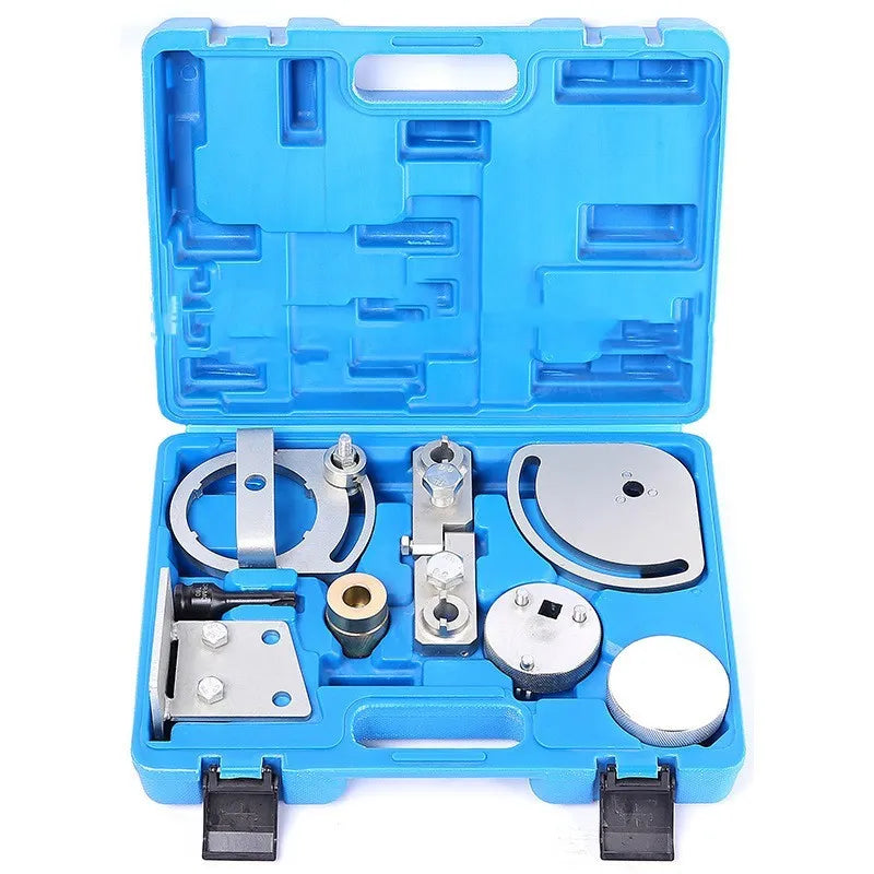 Volvo engine timing special tool set with carbon steel construction, 8 pieces including timing tool.