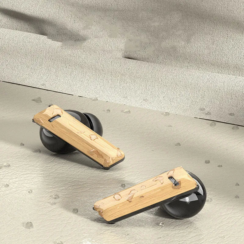 Wireless sports in-ear Bluetooth headphones with wood grain finish and Type-C charging