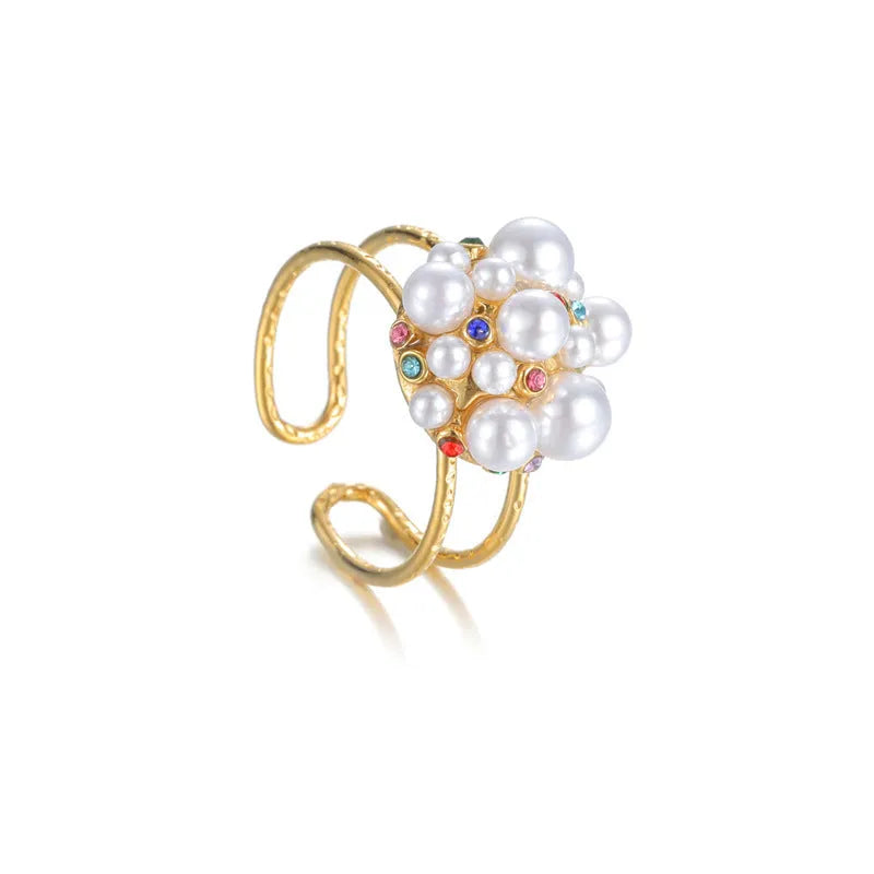 Women's adjustable open-mouth ring in stainless steel with pearl decorative elements