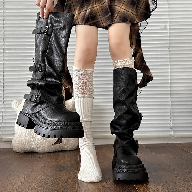 Women's thick bottom knight boots in solid khaki synthetic leather with chunky sole and high-top shaft