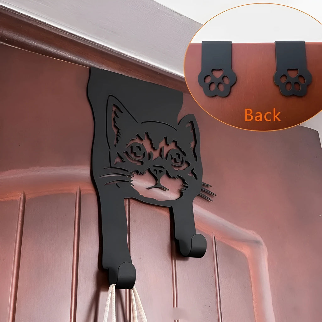 Black iron decorative cat wall hook with punch-free mounting system for accessories