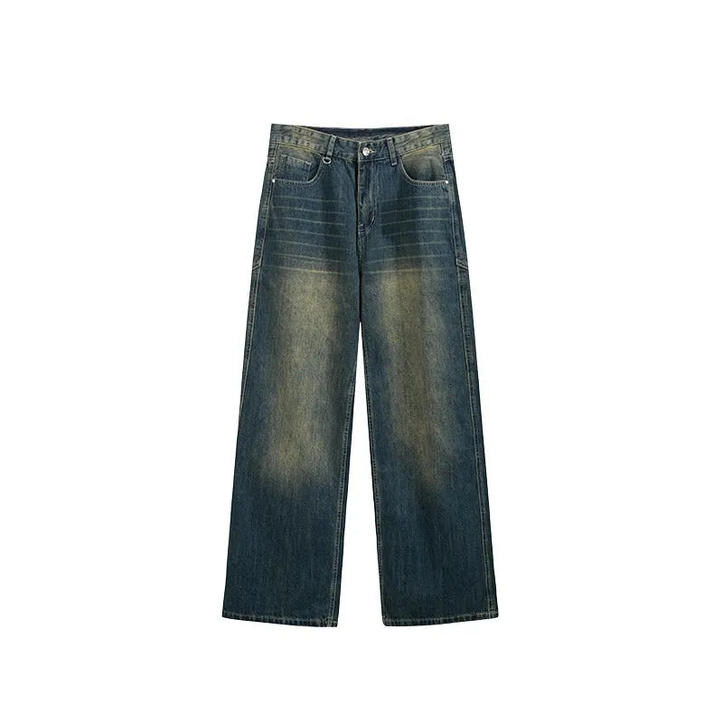 Men's washed wide leg jeans in vintage blue with straight leg cut and mid waist design