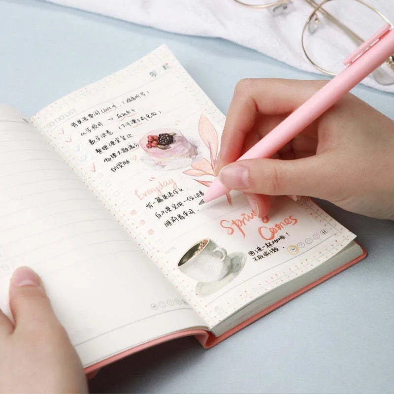 Simple style portable notebook with PU cover in blue, green, pink, or yellow, showing 96 inner pages.