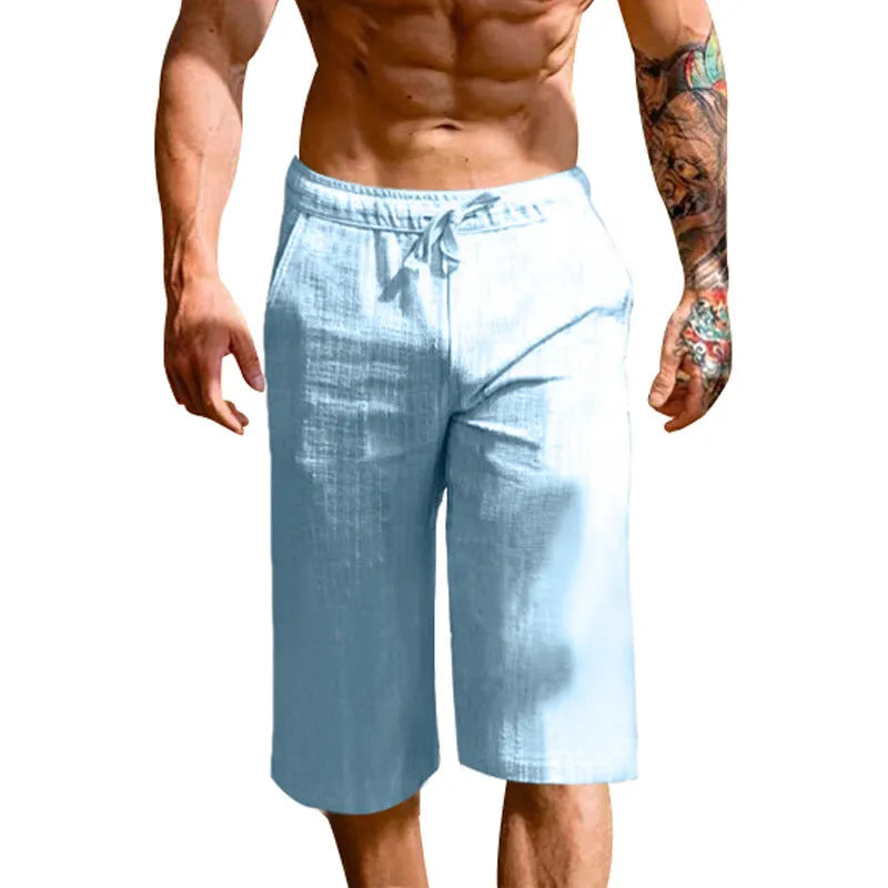 Men's loose linen blend cropped trousers in khaki, front view, casual fit mid waist