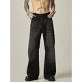 Black retro straight-leg jeans with loose fit and zipper fly in denim fabric