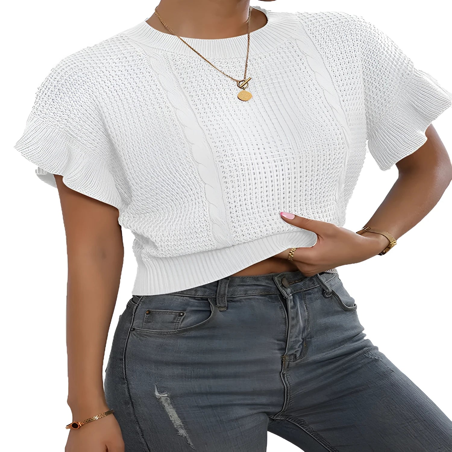 Knitted pullover sweater with twisted string ruffled sleeves and 3D pattern in loose Japanese Korean casual style