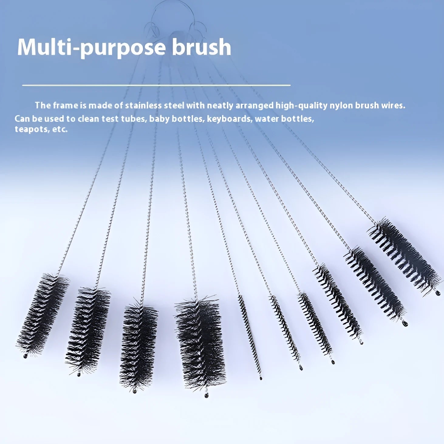 Stainless steel and nylon cleaning brush set showing multiple brushes in a white colour option.