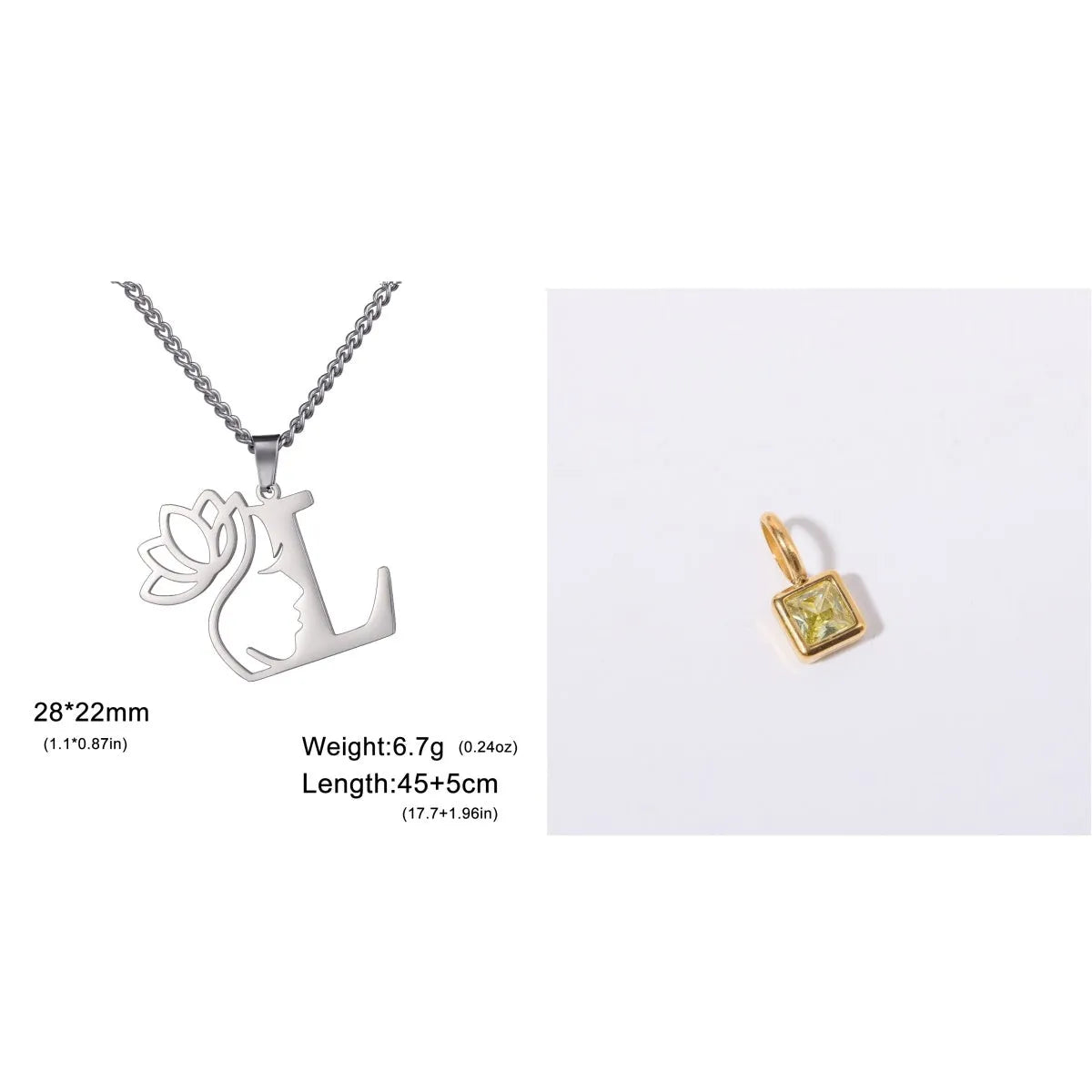 Gold electroplated stainless steel necklace with a cross chain and a letter 'A' pendant on a white background.