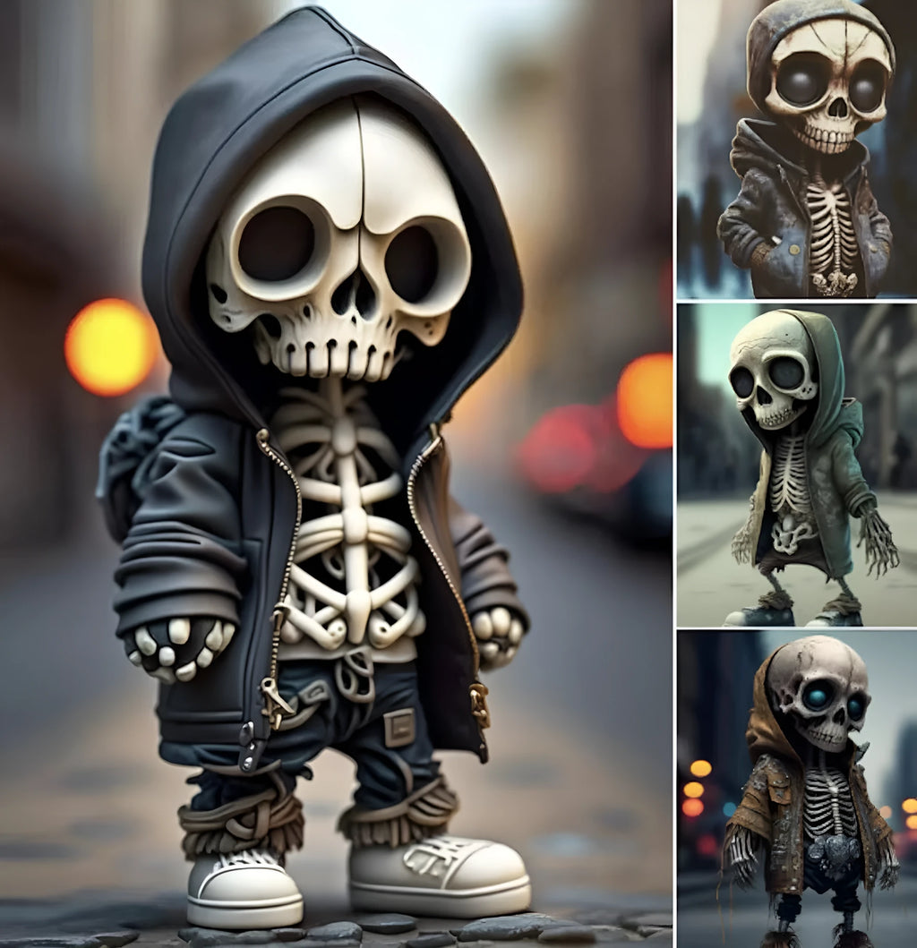 Resin skeleton figurine ornament in four style variants for home decor.