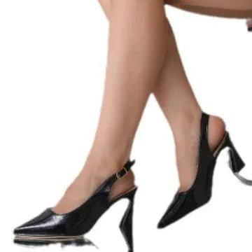 Pointed toe mid heel ankle-strap buckle sandals for women, black, PU upper, rubber sole