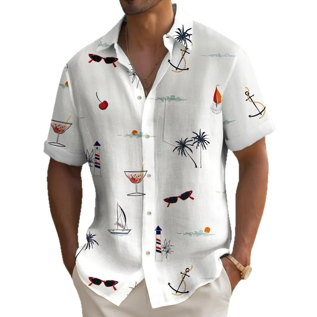 Man wearing a colourful loose-fit Hawaiian print short sleeve shirt.