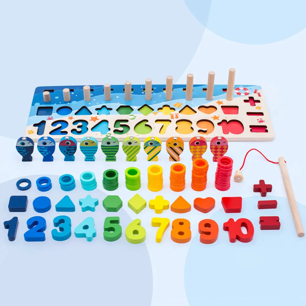 Wooden 3D alphabet and number puzzle board with colourful geometric pieces for toddlers