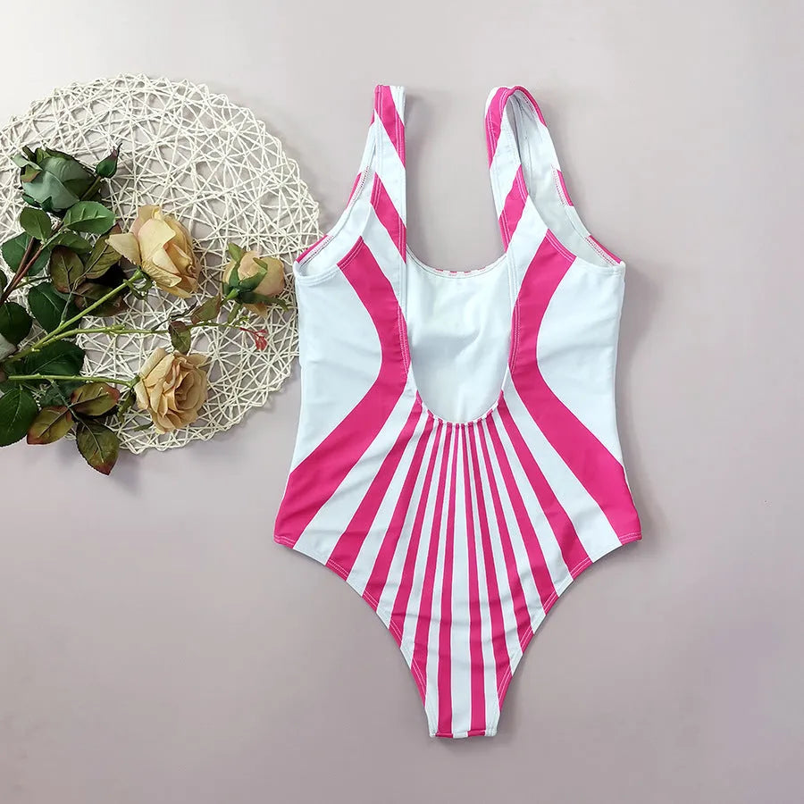 Front and rear view of a pink striped one-piece swimsuit for women on a mannequin
