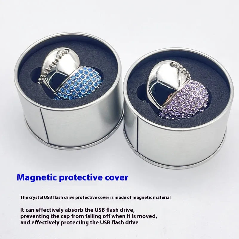 Brick-inlaid heart-shaped metal USB flash drive showing colour options and compact size