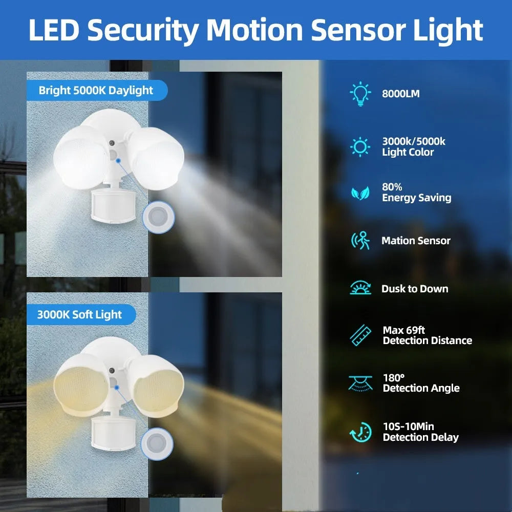White LED security flood light with motion sensor mounted on an exterior wall