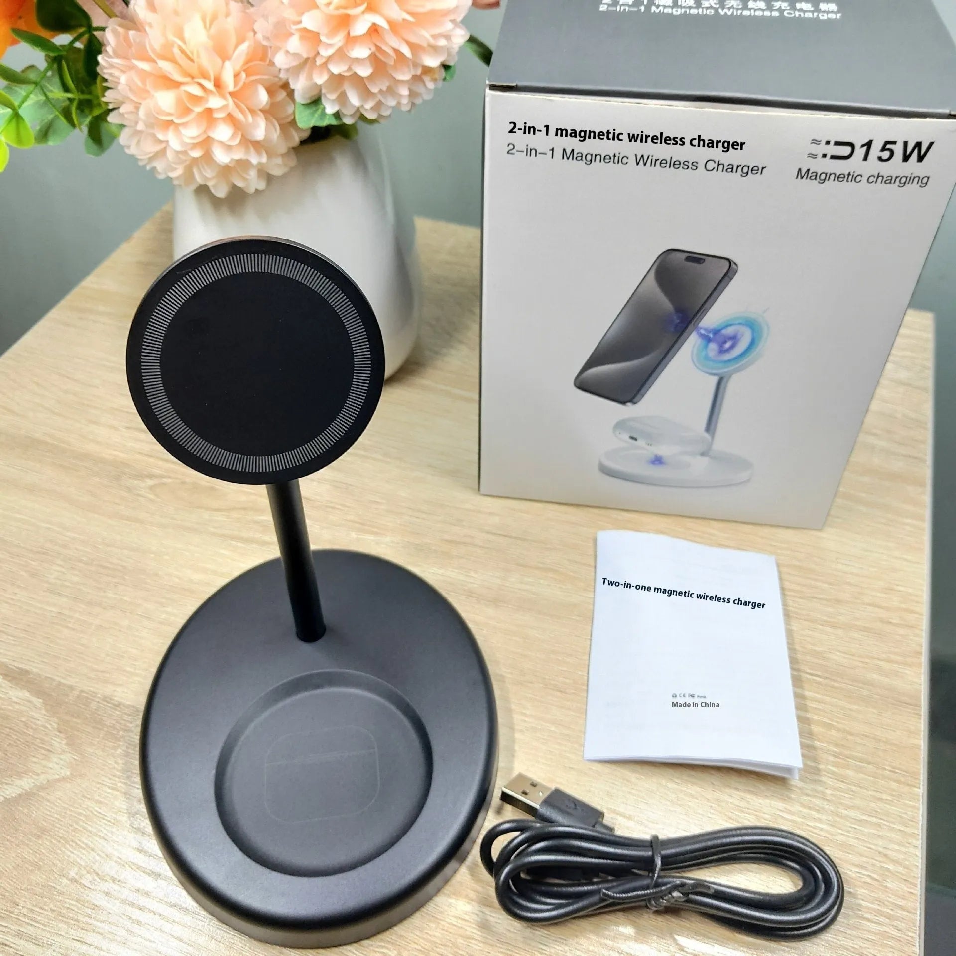 White vertical wireless charger with cooling holes showing smartphone charging at 30W