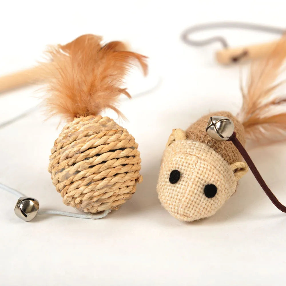 Wooden funny cat stick toy with large feathers and bell for interactive cat play