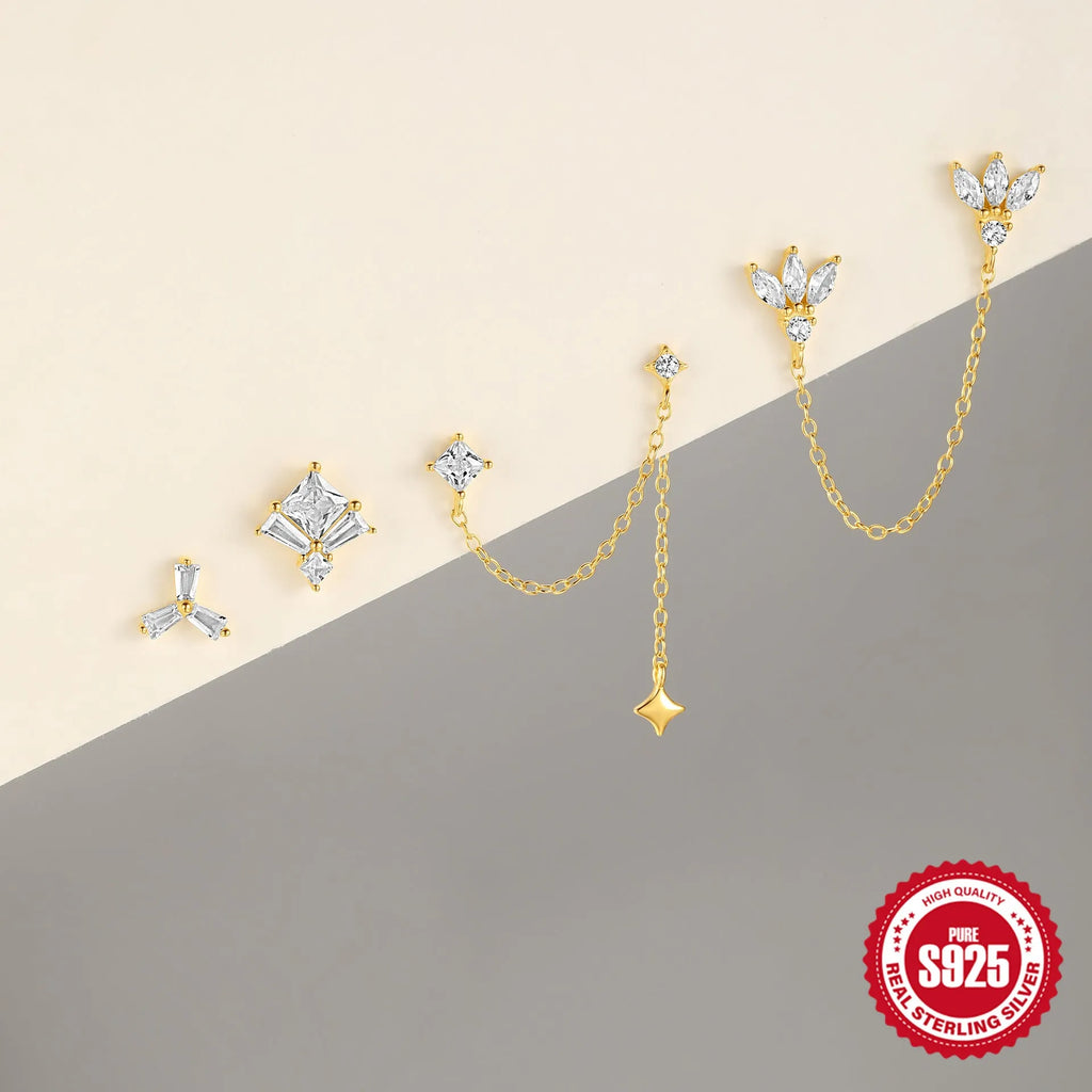 S925 sterling silver geometric earrings with zircon inlay in clover, crown, double piercings and chain horse eye designs