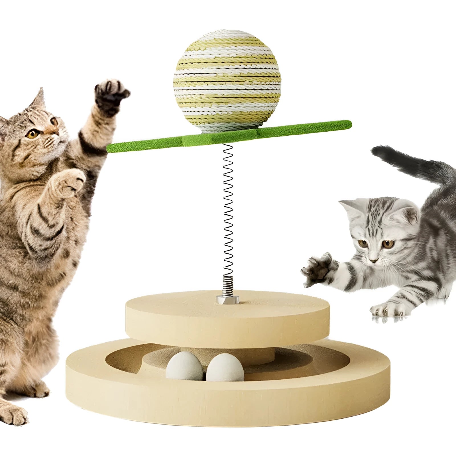 Green cat toy with a sisal scratching centre and a circular plastic ball track on a turntable.