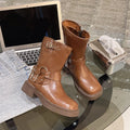 Simple thick-soled Martin boots for women in solid colour black, artificial PU upper, side view showing lace-up design and thick sole