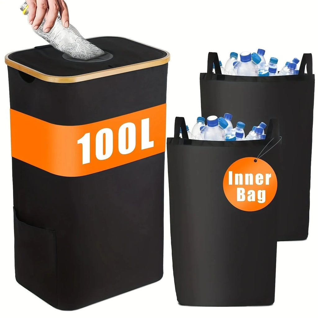 Black bamboo-framed storage basket with a removable lid and two inner fabric pockets.