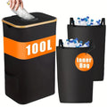 Black bamboo-framed storage basket with a removable lid and two inner fabric pockets.