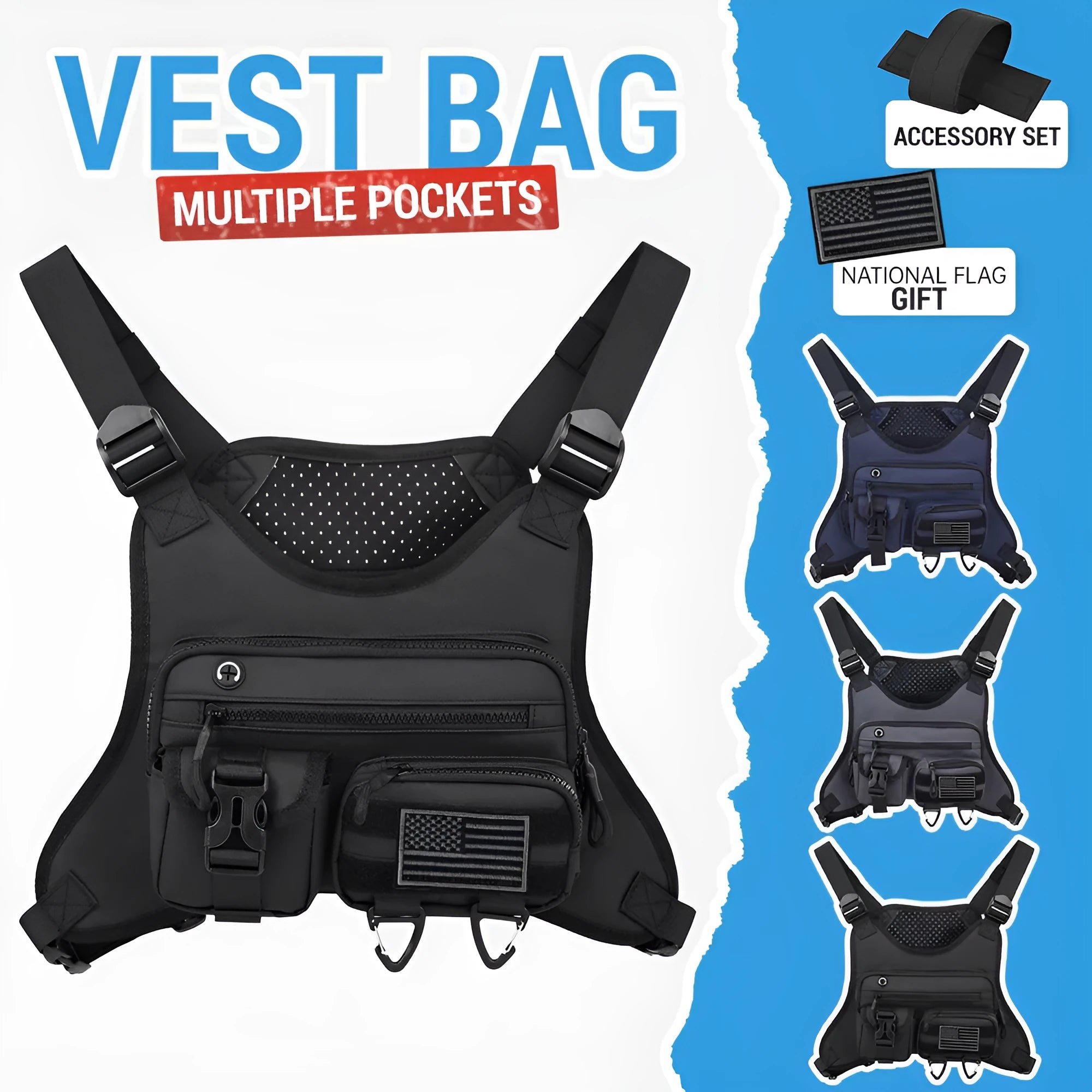 Outdoor sports chest bag with breathable vest design in Oxford cloth available in black, blue, and grey colours