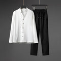 Men's Chinese style pleated long sleeve shirt and trousers set in brown, light green, gray, white, and black, sizes M to 5XL