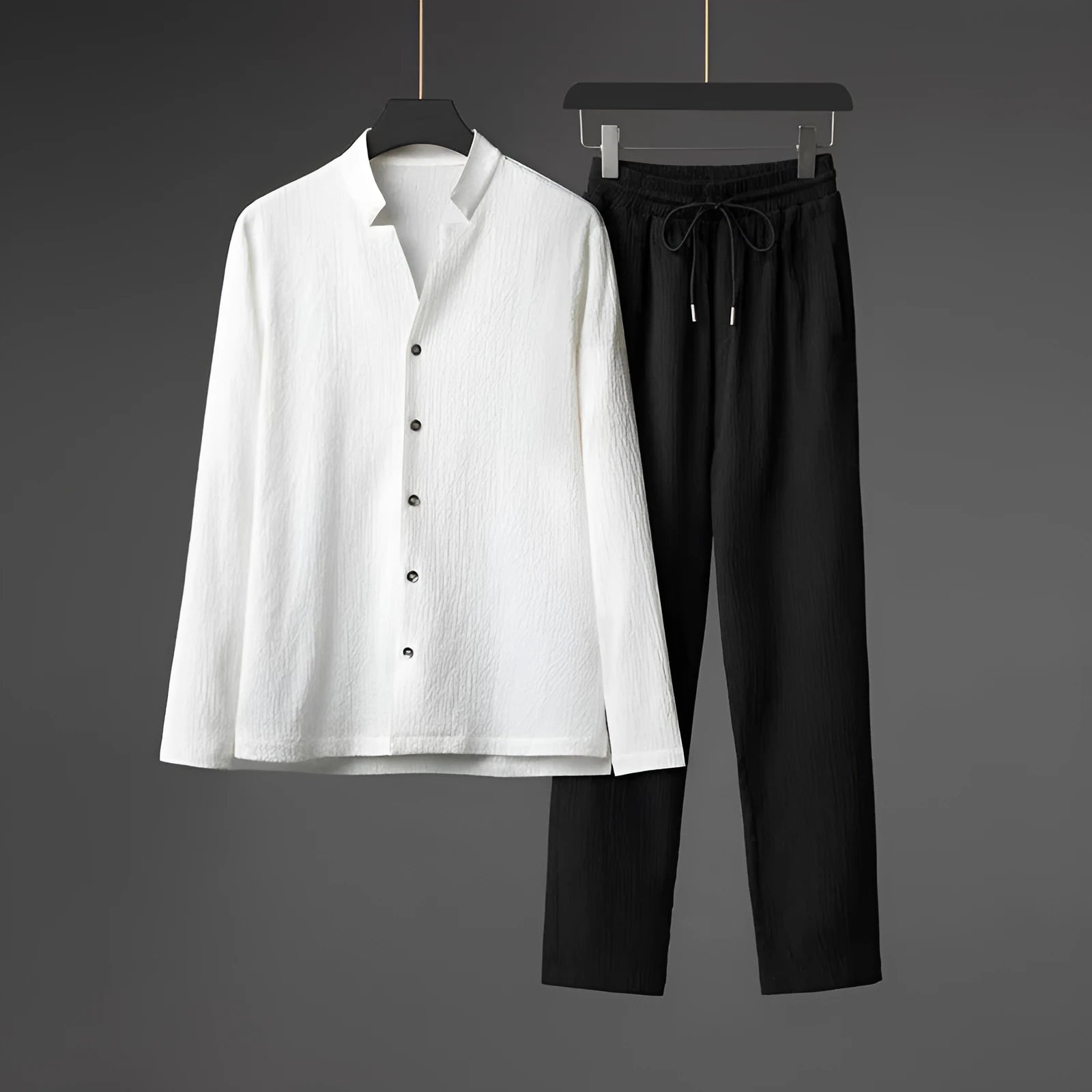 Men's Chinese style pleated long sleeve shirt and trousers set in brown, light green, gray, white, and black, sizes M to 5XL