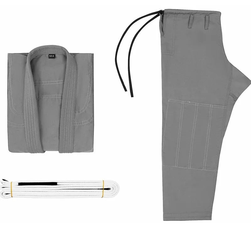 Thin cotton blend Brazilian Jiu-Jitsu uniform in black, showing the top and trousers for adult training.