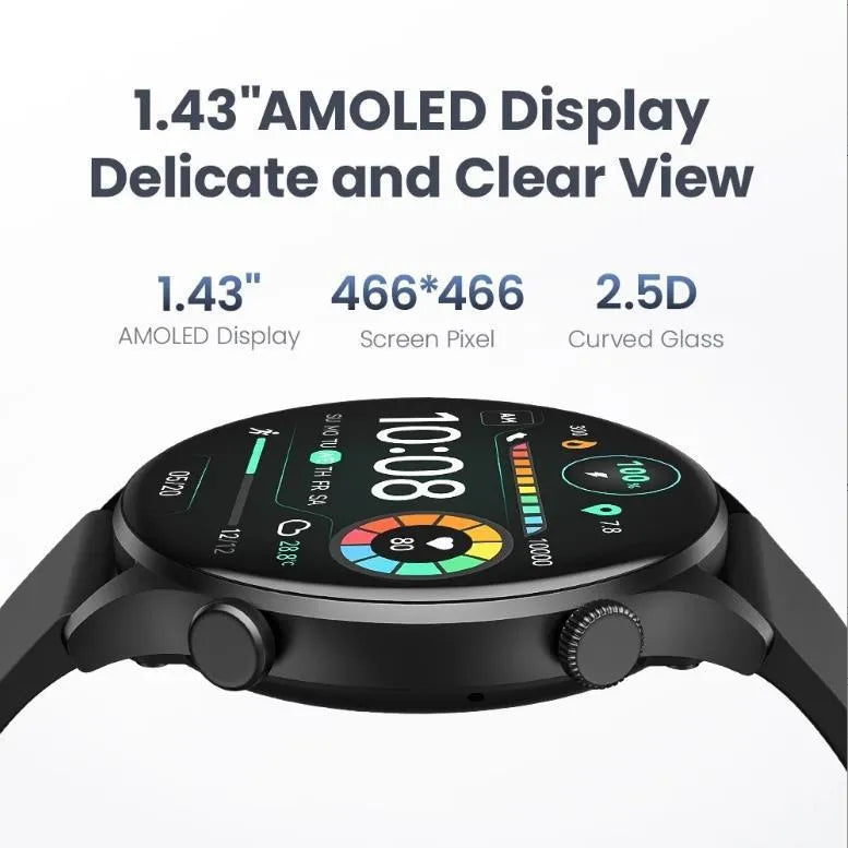 Black and white Bluetooth smartwatch on wrist showing heart rate and call functions on AMOLED display.