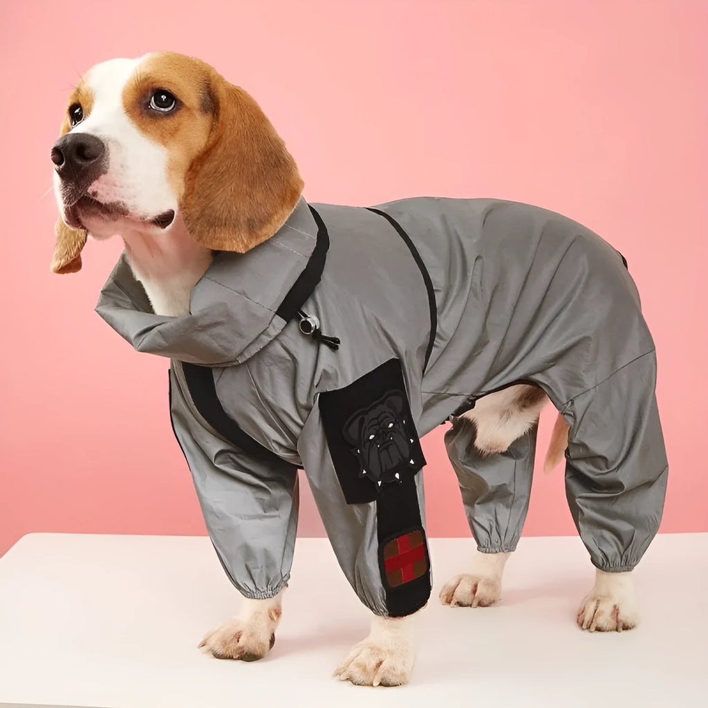 Silver reflective waterproof dog raincoat with leg holes for large breeds