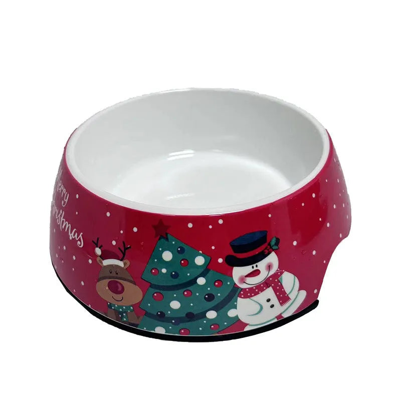 Red double-layer pet bowl with stainless steel insert, shown in three different sizes.