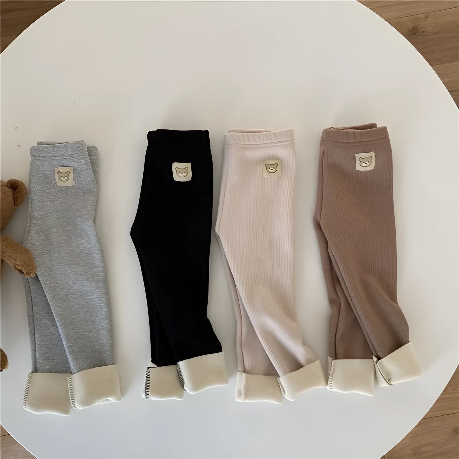 Girls' single-layer fleece-lined leggings with wool lining in beige, high waist design with hair band belt