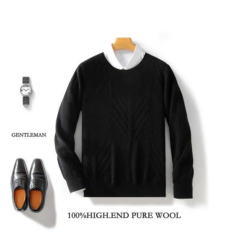 Men's round neck solid colour jacquard sweater in loose fit, long sleeves, seven colours, S-XXXL
