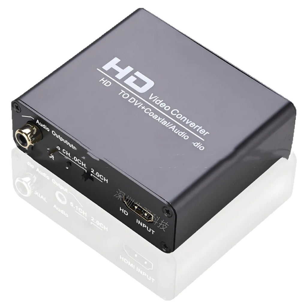 Black HDMI to DVI converter cable with 3.5mm audio output jack, 1.5 metres long.