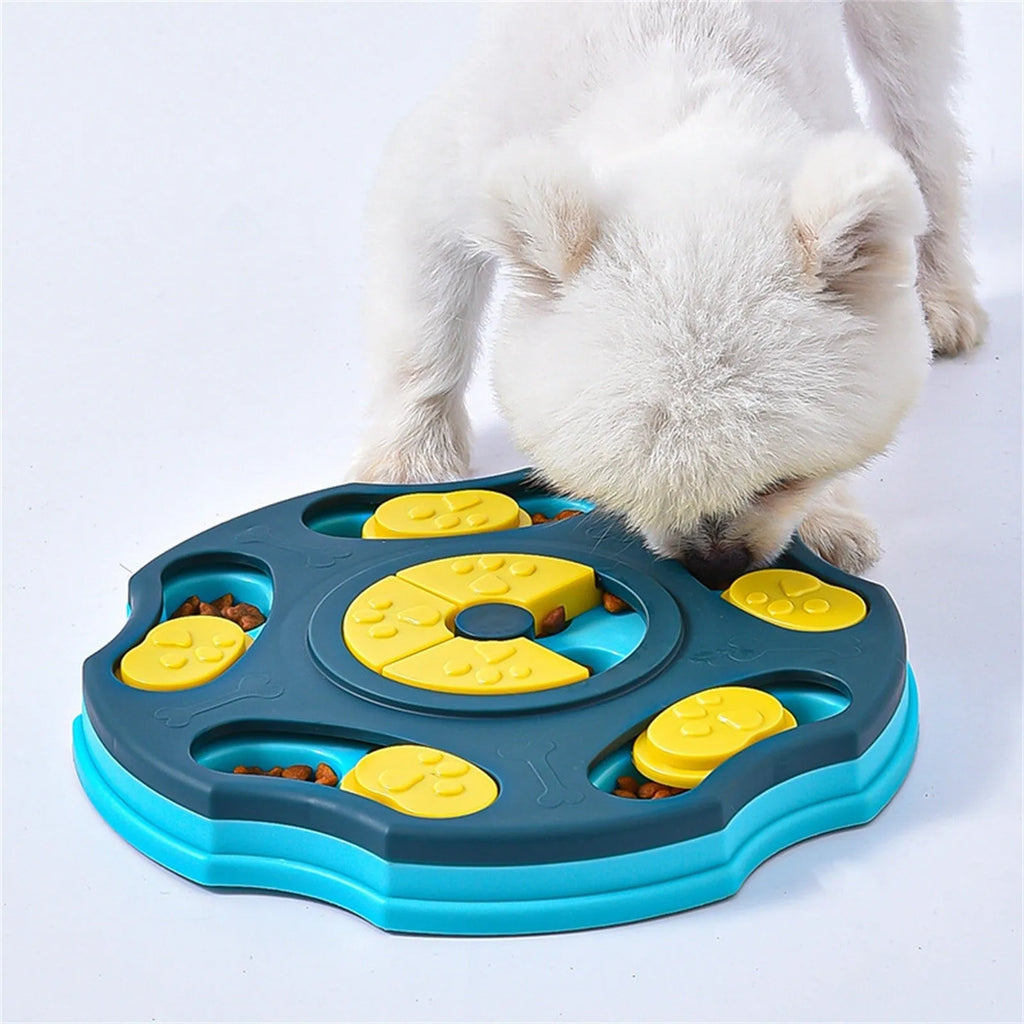Interactive dog food puzzle feeder with search games for aggressive chewers in blue or pink