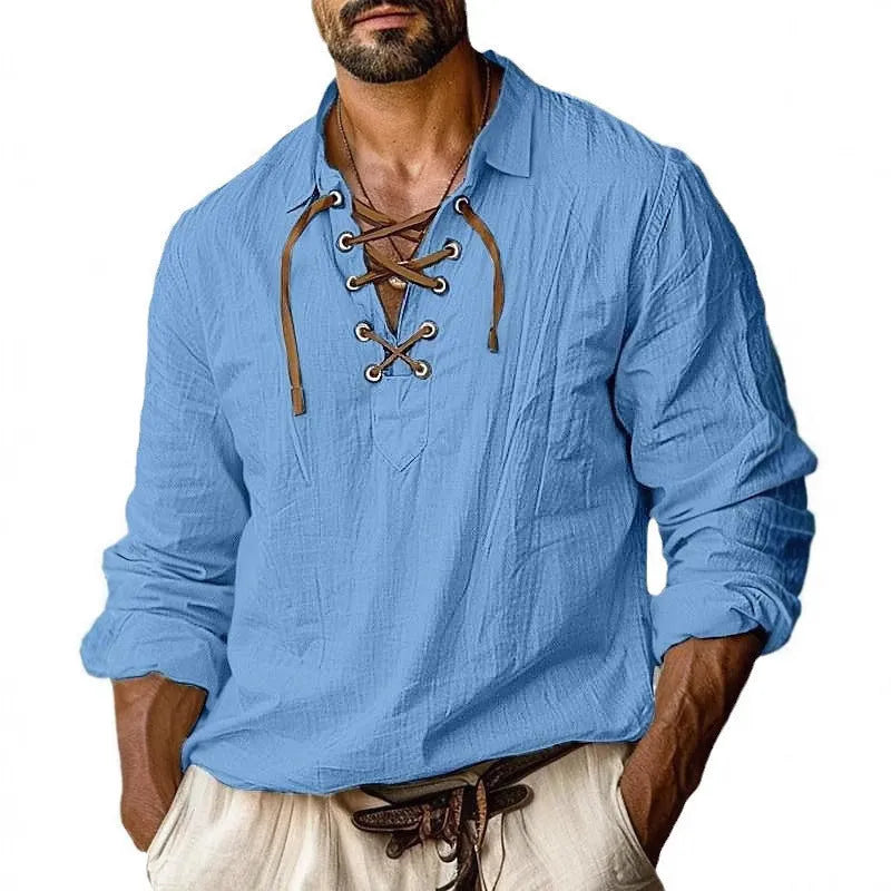 Men's plus size blue linen-cotton blend shirt with lace detailing on the front and lapels.