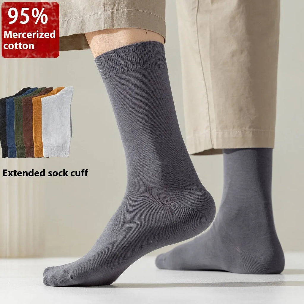 Mid-calf men's business socks in pure combed cotton, solid colour options including army green, black and dark blue