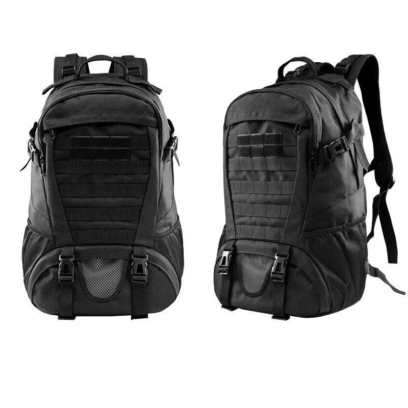 Khaki Oxford cloth mountaineering backpack with air pillow belt system on a rocky trail.