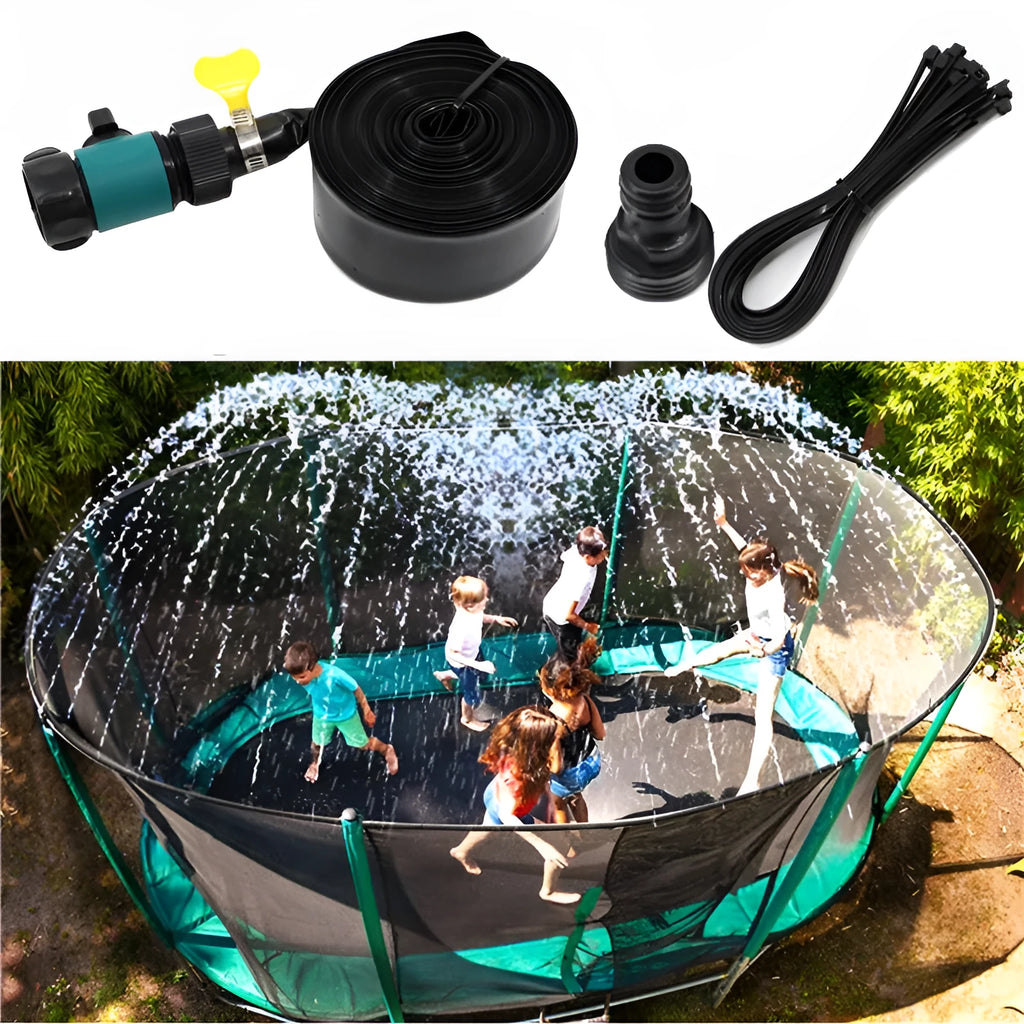 Blue portable garden sprinkler with solar panel and PVC hose on grass.