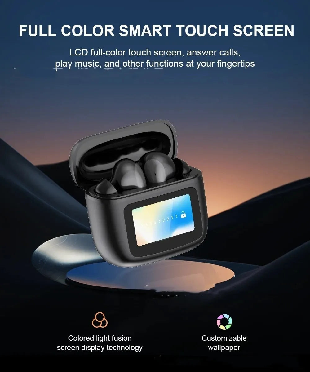 Wireless Bluetooth headset with touch colour screen in black, silver, and champagne colour options