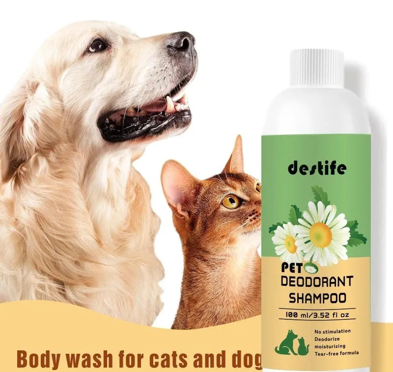 100ml bottle of deodorising shampoo and conditioner for washing dogs and cats.