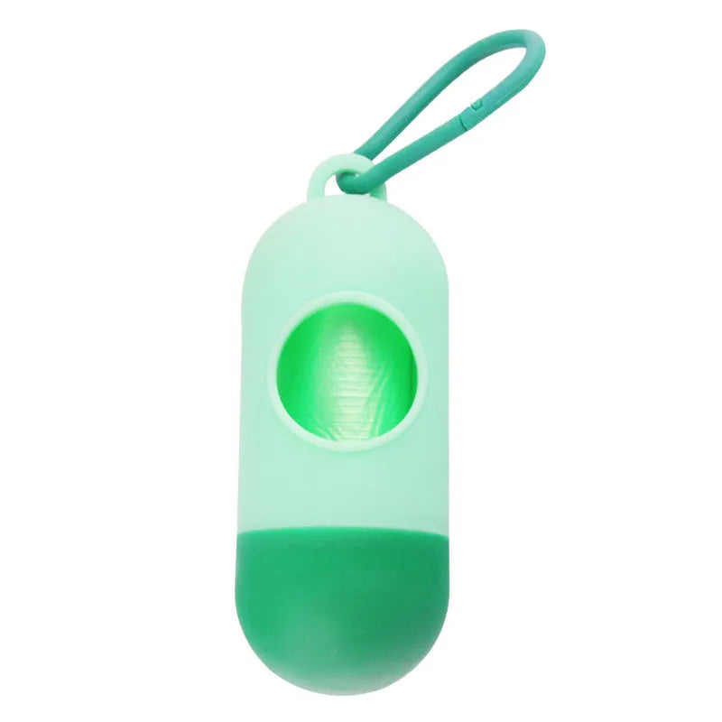 Compact dog poop bag holder with side hook and Velcro base, shown in assorted colours