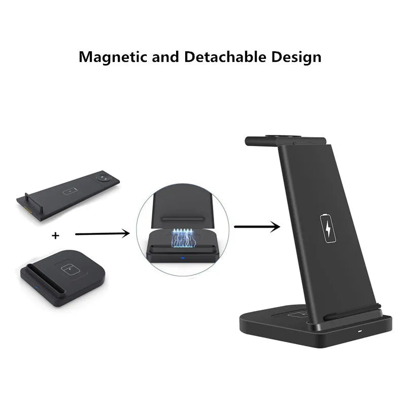 Foldable three-in-one wireless charger for mobile phone, headphones, and smartwatch in black or white