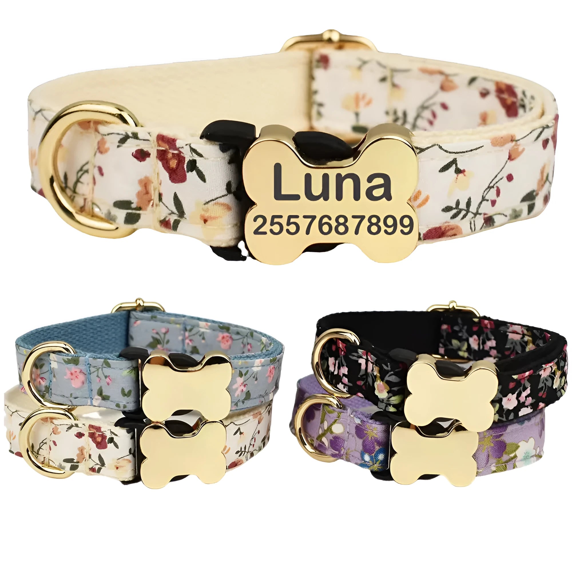 Nylon dog collar with a printed grid pattern and a large bone-shaped metal buckle.