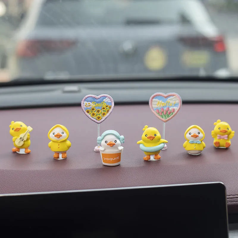 PVC duckling car decoration set with six cartoon duck ornaments and matching sign for vehicle interior