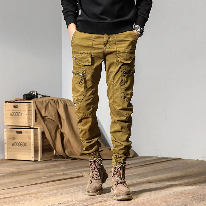 Men's cotton Japanese workwear overalls in army green, straight leg, mid-waist, autumn casual trousers