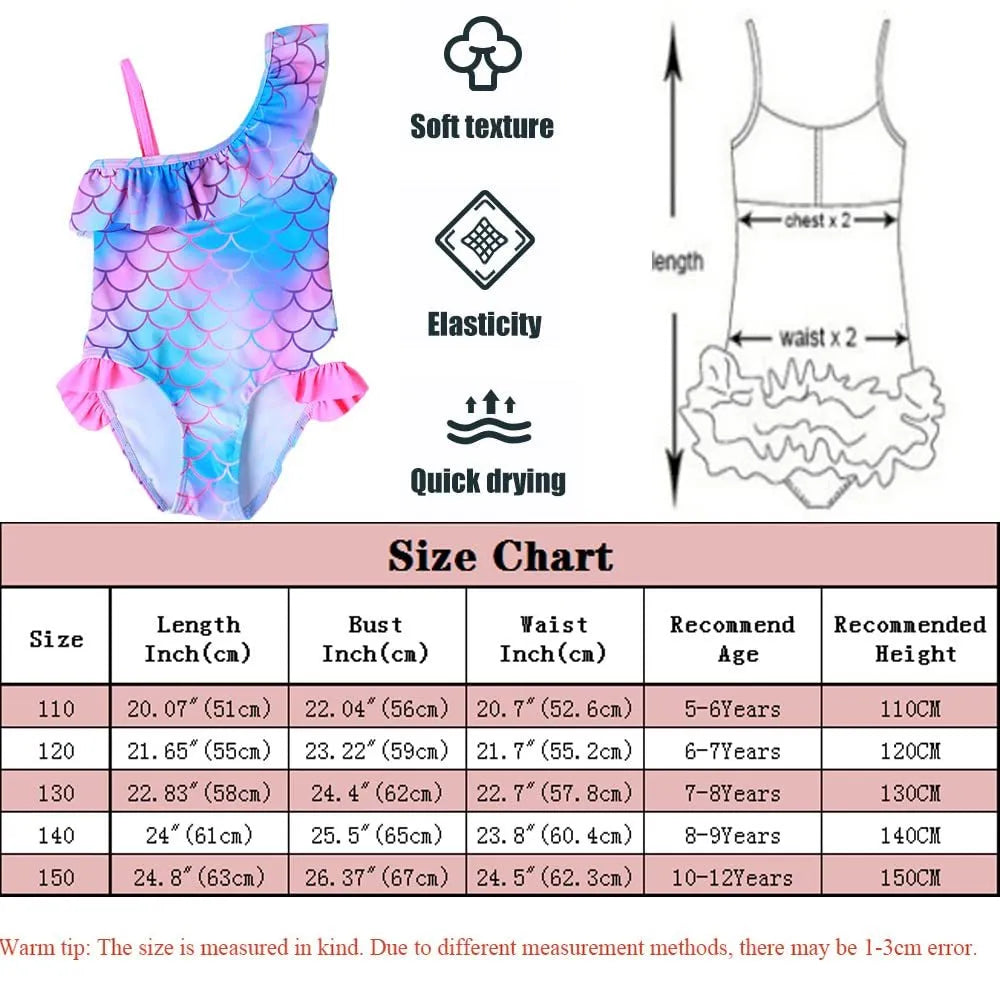 Girls' one-piece swimsuit with blue gradient fish scale print and flounced design.